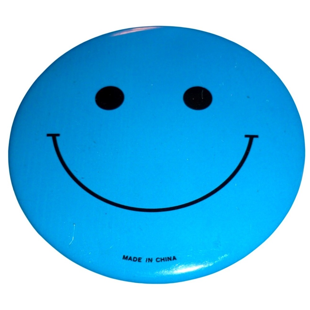 Vintage 1990s Cyan Blue Smiley Face Pinback Button 3 Inch Alaska Souvenir 1994
